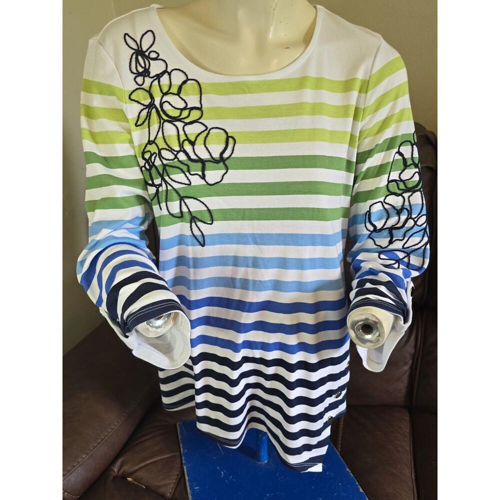 Ruby Rd Womans Blouse Top Multicolor Striped size S Cotton Long Sleeve Pullover.